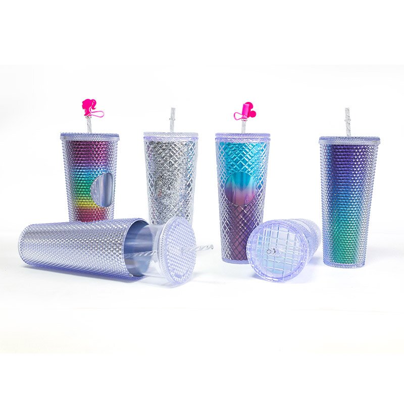 Studded Coffee Cup Tumbler Manufacturer - Business Gift 24 oz Bling Glitter Diamond Silver with Straw
