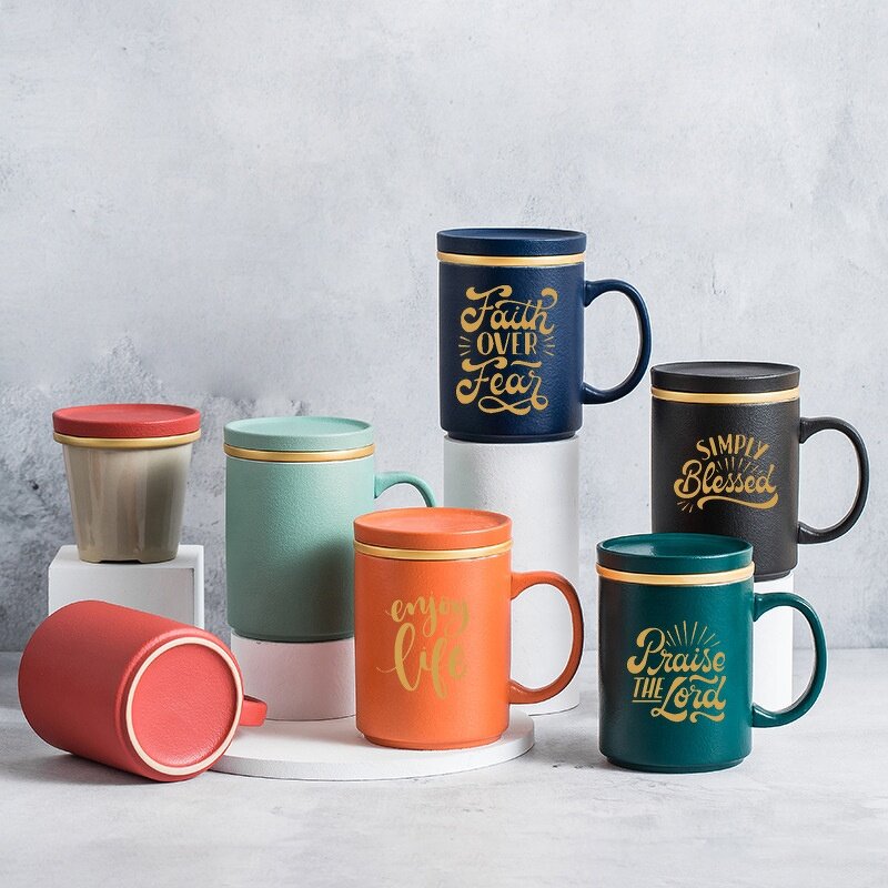Ceramic Tea Infuser Mug Manufacturer - Promotional Corporate Gift 380ml Glaze Gold Rim Sublimation with Lid Handle BPA Free Dishwasher Safe