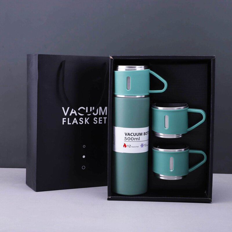 Coffee Flask Gift Set Manufacturer - Hot Selling Business Gift 17Oz Leak-proof Stainless Steel Black Vacuum with 3 Cups