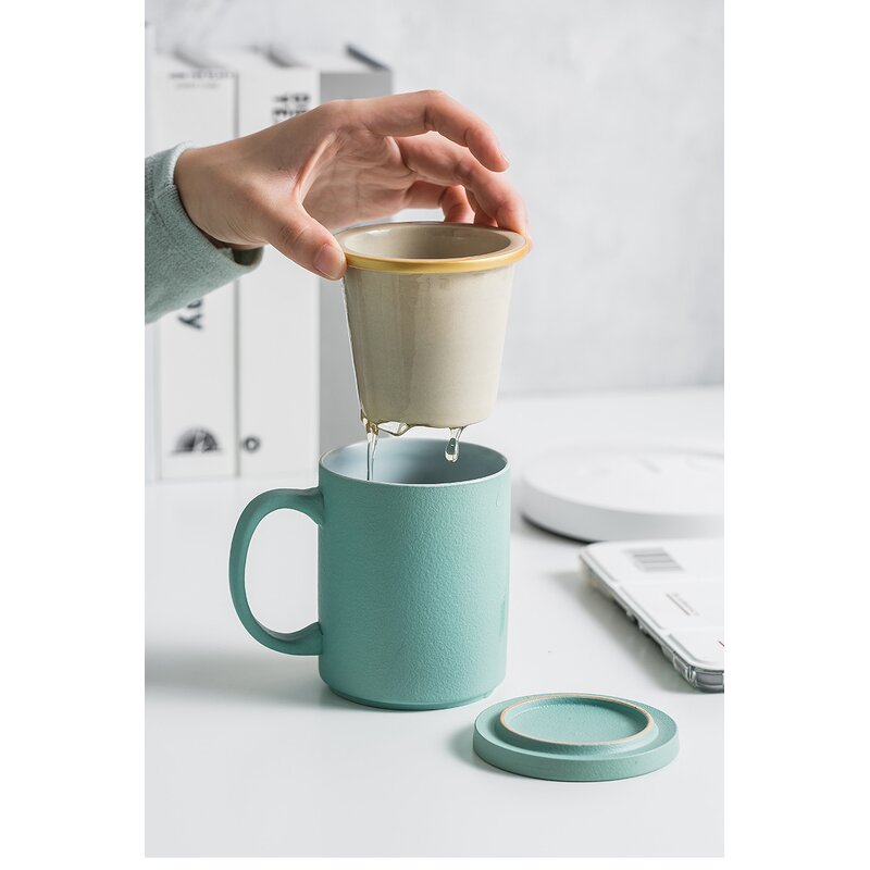 Ceramic Tea Infuser Mug Manufacturer - Promotional Corporate Gift 380ml Glaze Gold Rim Sublimation with Lid Handle BPA Free Dishwasher Safe