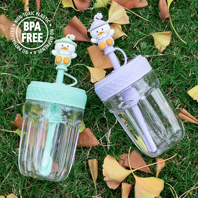 Kids Acrylic Tumbler Manufacturer - Customized 400ml Bpa Free Cute Cartoon Duck Double Layer Clear Plastic with Straw Lid