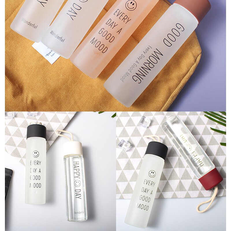 Frosted Glass Water Bottle Manufacturer - 400ml Leakproof Smiling Face for Gym Promotional Business Advertising Rope Drinkware