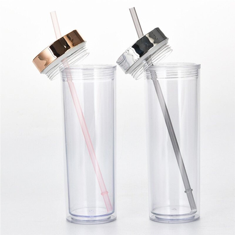 Acrylic Cup Tumbler Manufacturer - Cheap Giveaway Gift 16oz Clear Double Wall Skinny with Electroplated Gold Lid Straw