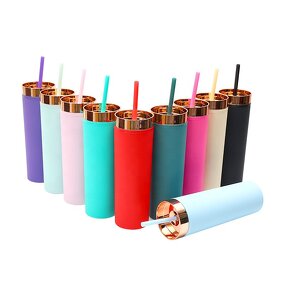 Acrylic Tumblers Manufacturer - Custom Marketing Promotional Product Gifts 16oz Green Double Wall Powder Coated Skinny with Gold Lid Straw