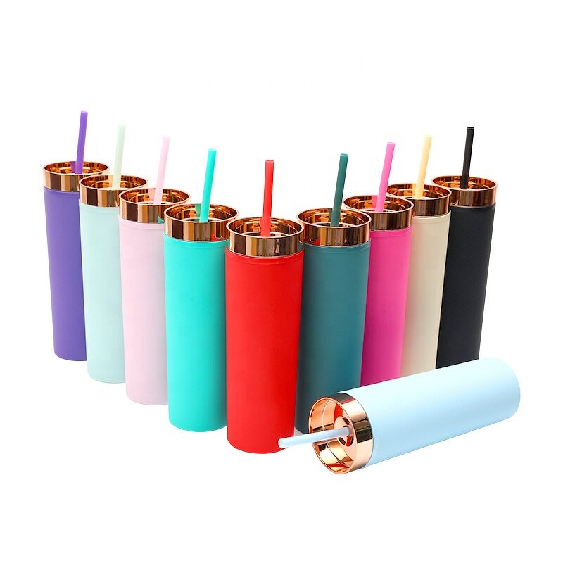 Acrylic Tumblers Manufacturer - Custom Marketing Promotional Product Gifts 16oz Green Double Wall Powder Coated Skinny with Gold Lid Straw