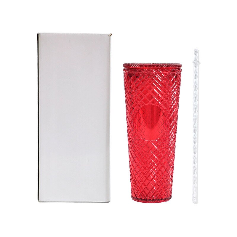 Studded Cold Drink Coffee Tumbler Manufacturer - Wholesale 24 oz Crazy Red Double Wall with Bow Straw