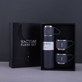 Tea Coffee Flask Manufacturer - Promotional Gift 500ml Black Leakproof Double Wall Stainless Steel Vacuum Thermos with 3 Cups