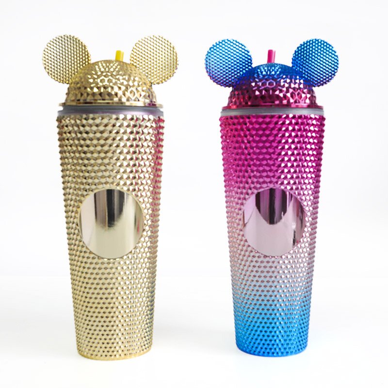 Studded Tumbler Cup Manufacturer - Luxury Business Gift 24oz Double Wall Electroplated Bling Gold Pink Mouse with Straw