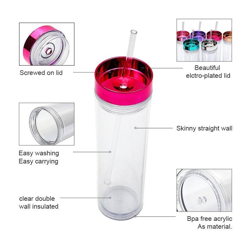 Acrylic Cup Tumbler Manufacturer - Cheap Giveaway Gift 16oz Clear Double Wall Skinny with Electroplated Gold Lid Straw