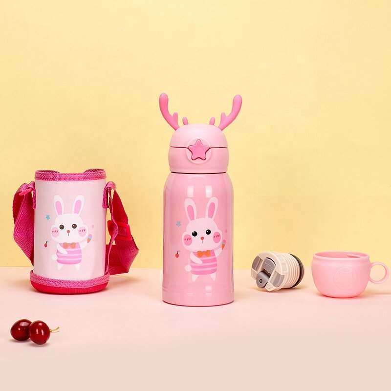 Kids Thermos Cup Manufacturer - Stainless Steel 316 Cartoon Vacuum Straw Water Bottle with Carry Holder