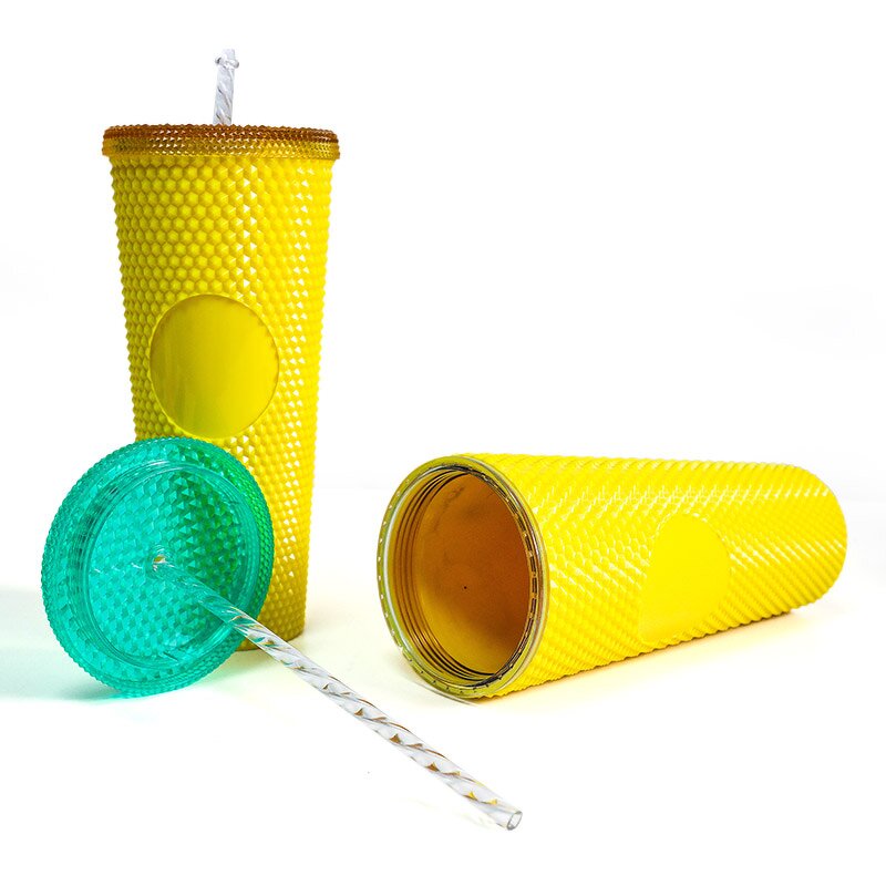 Studded Tumbler Cup Manufacturer - Customized 24 Ounce Plastic Double Wall Yellow Cold Water with Lid Straw