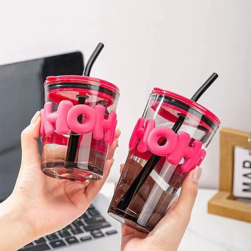 Glass Juice Coffee Cup Manufacturer - New Arrival Holiday Gift 350ml Lover's Bpa Free Plum with Lid Straw Eco-Friendly Modern