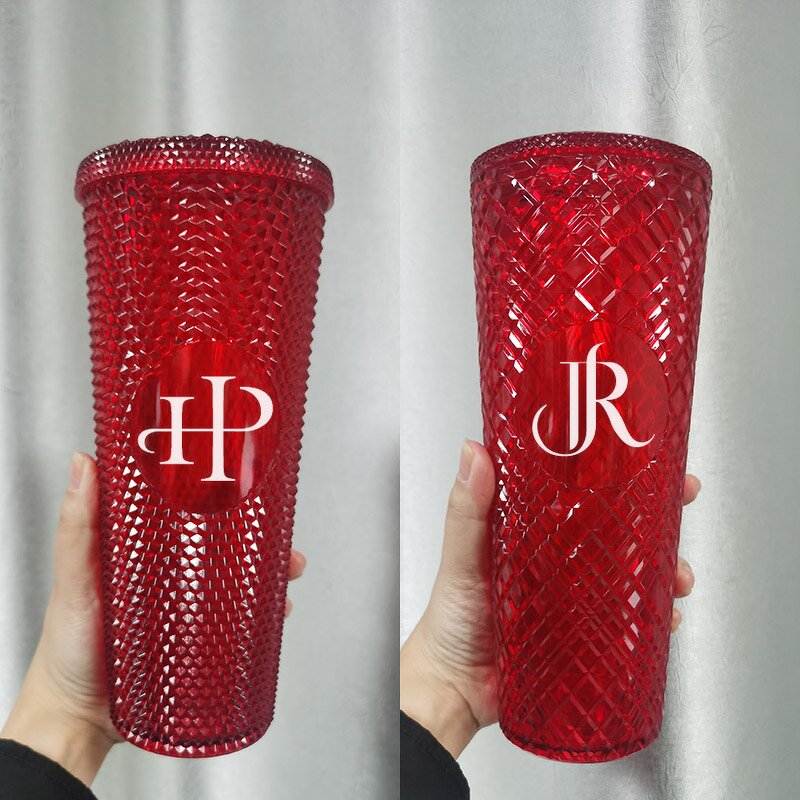 Studded Cold Drink Coffee Tumbler Manufacturer - Wholesale 24 oz Crazy Red Double Wall with Bow Straw