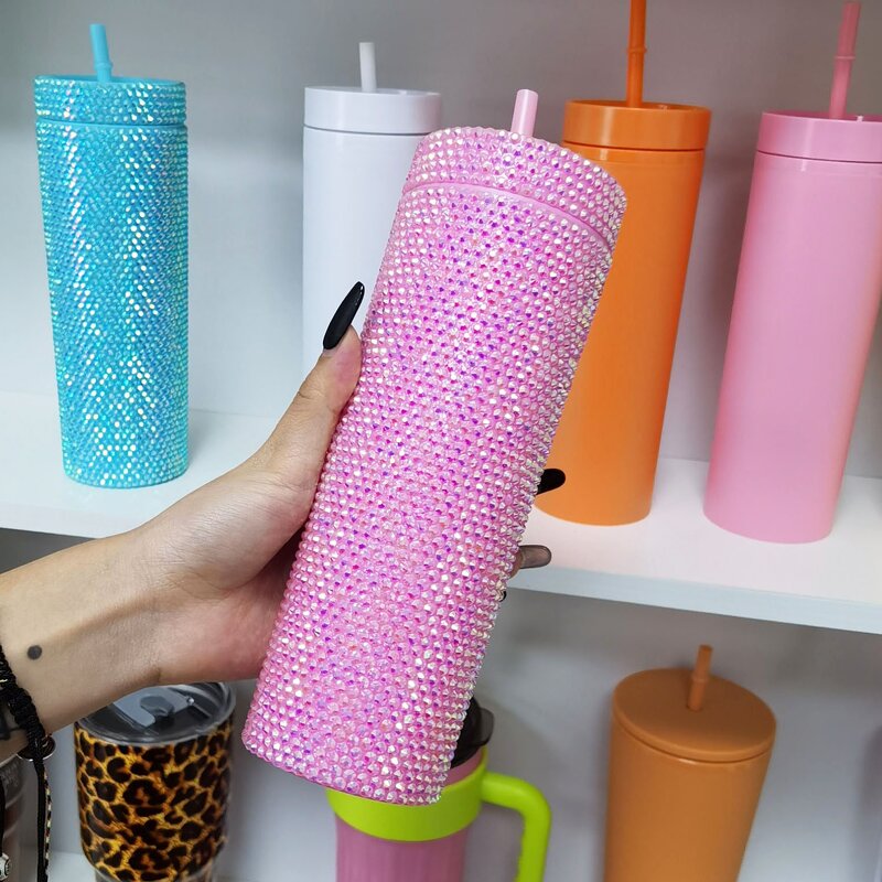 Acrylic Coffee Cup Tumbler Manufacturer - Customized Holiday Gift Bpa Free Double Wall 16oz Skinny Rhinestone with Lid Straw