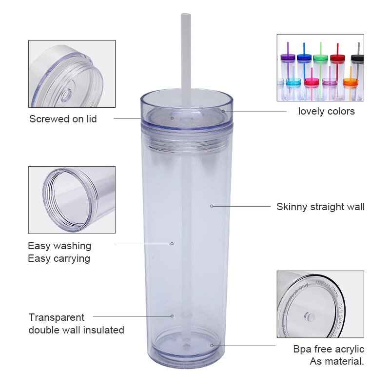 Acrylic Tumbler Coffee Cup Manufacturer - Promotional 16oz Transparent Double Wall Skinny with Colorful Lid Straw Business Gift
