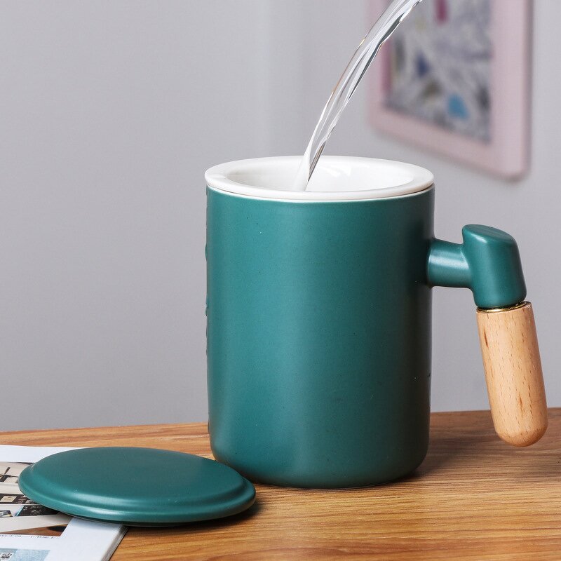 Ceramic Tea Infuser Mug Manufacturer - Drop Shipping Custom Logo Promotion Black Grey Sublimation with Lid and Bamboo Handle