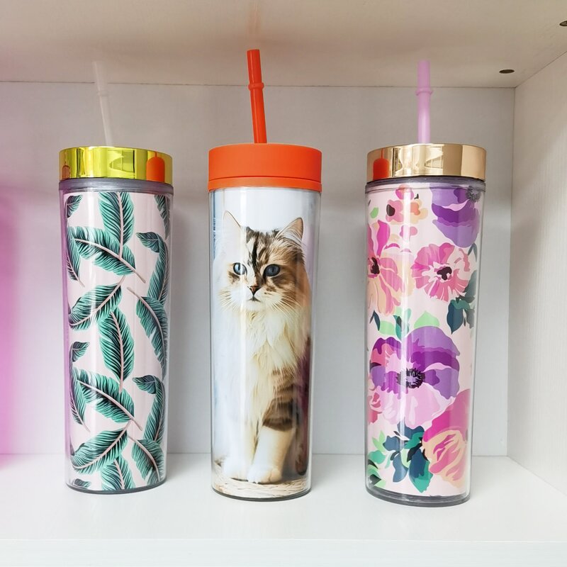 Acrylic Plastic Tumbler Manufacturer - Customized Wedding Party Favour Birthday DIY 16oz Double Wall Floral Eco-Friendly Dishwasher Safe Skinny