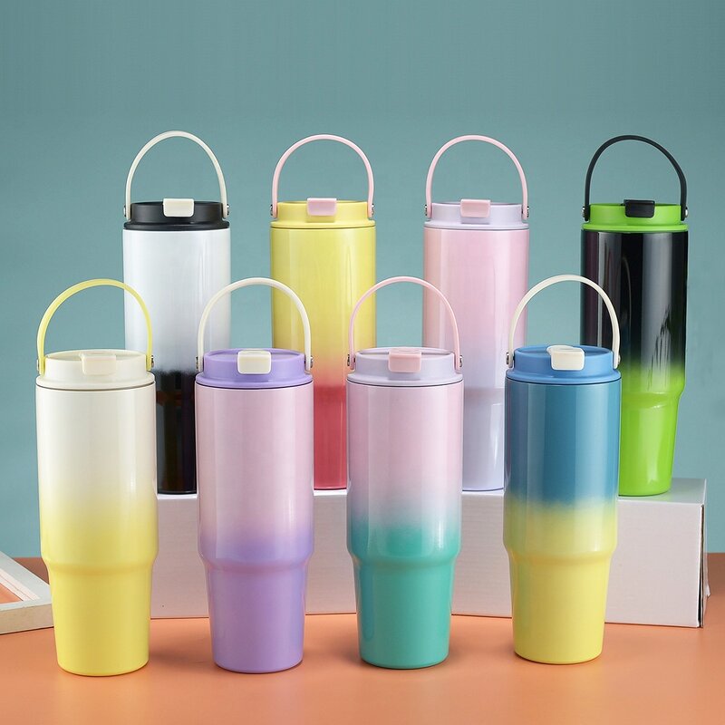 Coffee Mug Tumbler Manufacturer - Wholesale 20oz Gradient Blue Leak Proof Stainless Steel Vacuum Car with Handle and Lid Straw