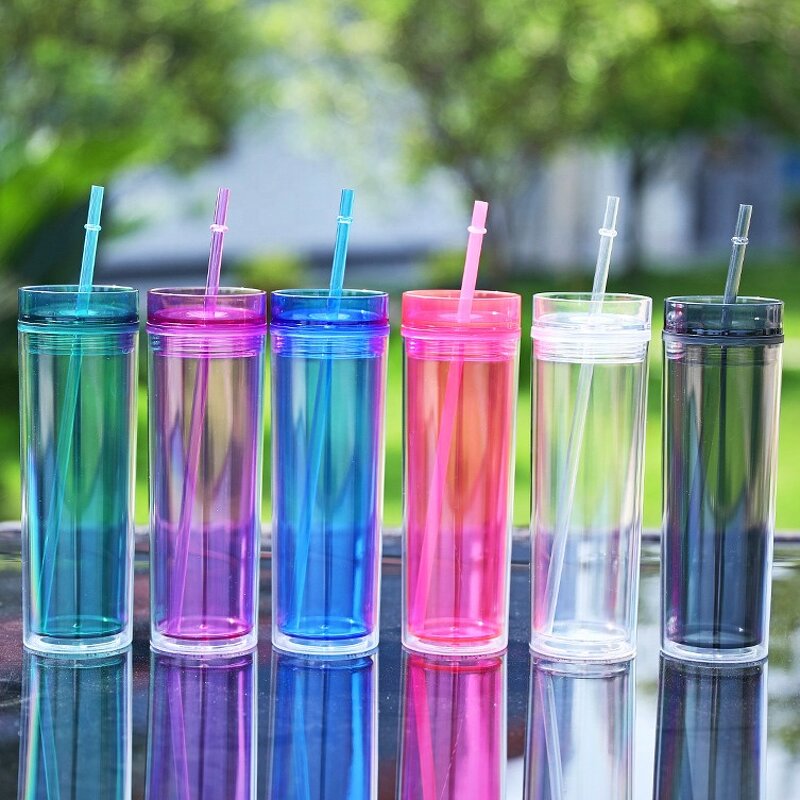 Acrylic Drink Tumbler Cup Manufacturer - Promotional Trade Show Gift 16oz Purple Translucent Skinny Double Wall Plastic with Lid Straw