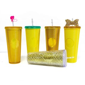 Studded Tumbler Cup Manufacturer - Customized 24 Ounce Plastic Double Wall Yellow Cold Water with Lid Straw