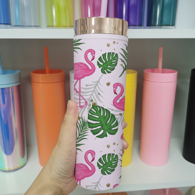 Acrylic Tumblers Manufacturer - Custom Marketing Promotional Product Gifts 16oz Green Double Wall Powder Coated Skinny with Gold Lid Straw