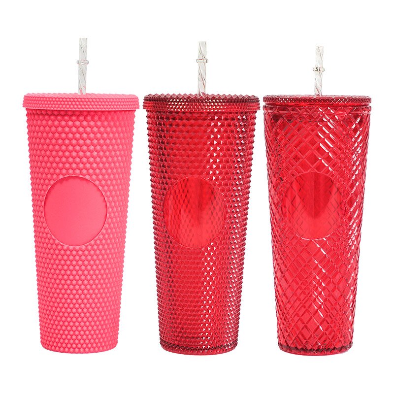 Studded Cold Drink Coffee Tumbler Manufacturer - Wholesale 24 oz Crazy Red Double Wall with Bow Straw