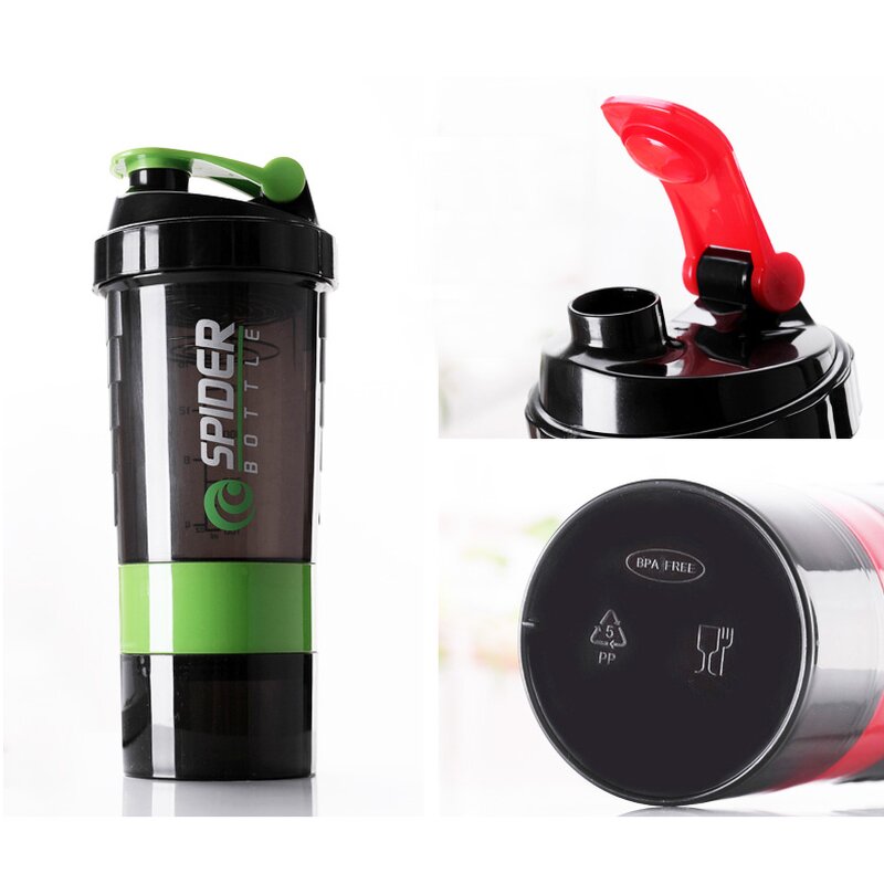 Sports Gym Plastic Bottle Manufacturer - Custom Logo 500ml Black 3 in 1 BPA Free with Pill Organizer Protein Container Mixing
