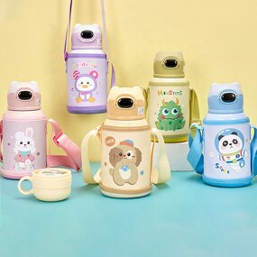Kids Thermos Cup Manufacturer - Stainless Steel 316 Cartoon Vacuum Straw Water Bottle with Carry Holder