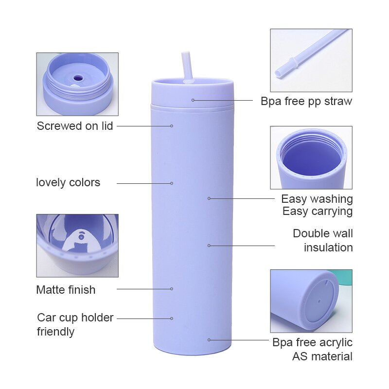 Acrylic Cold Brew Tumbler Manufacturer - Wholesale Giveaway Gift 16oz White Plastic Double Walled Skinny with Straw Lid Food Safe