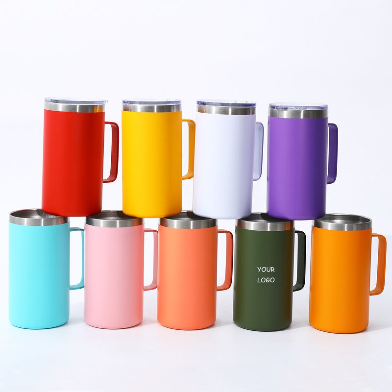 Travel Coffee Mug Manufacturer - Gift Item for Small Business 24oz Yellow Double Wall Vacuum Insulated Stainless Steel with Handle Lid