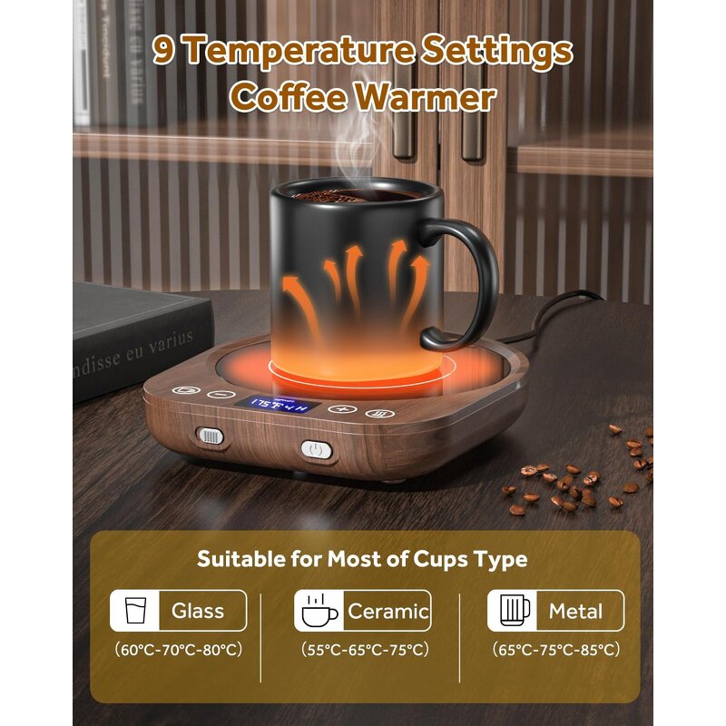 Coffee Mug Warmer Manufacturer - Corded Electric Gravity-Induction 9 Temperature Settings 4H Auto Shut 1-9 Hour Timer Home Office Desk