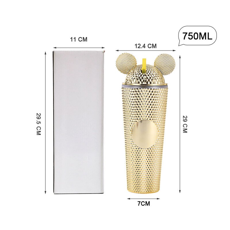 Studded Tumbler Cup Manufacturer - Luxury Business Gift 24oz Double Wall Electroplated Bling Gold Pink Mouse with Straw