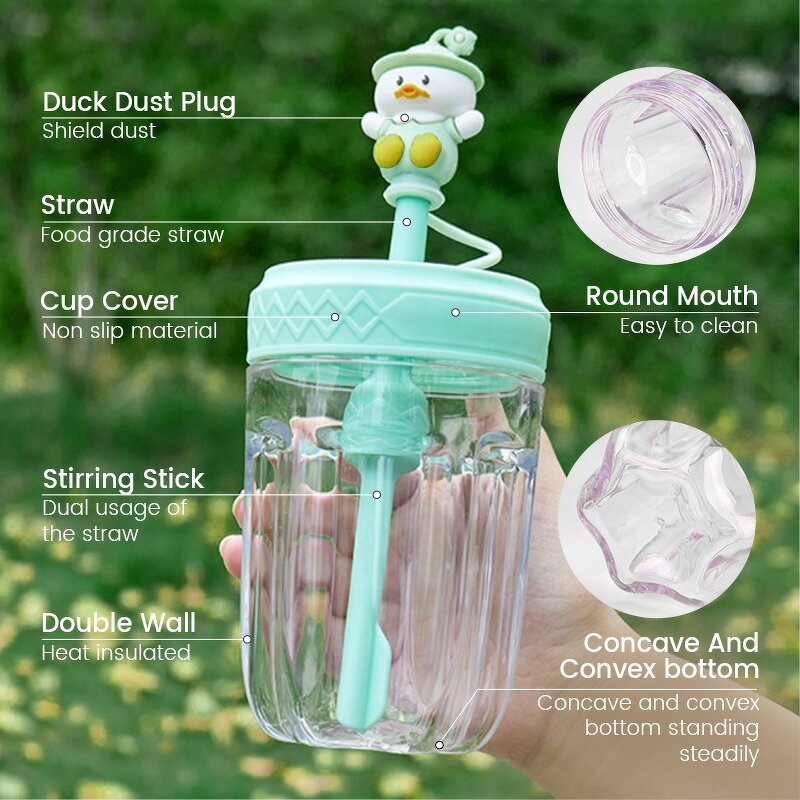 Kids Acrylic Tumbler Manufacturer - Customized 400ml Bpa Free Cute Cartoon Duck Double Layer Clear Plastic with Straw Lid