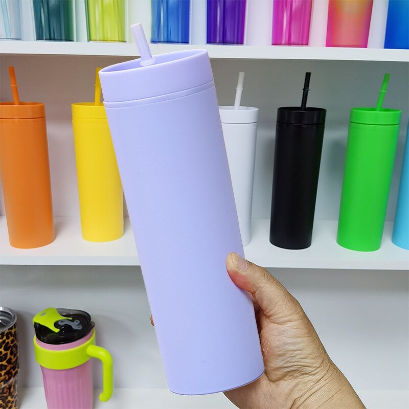 Acrylic Cold Brew Tumbler Manufacturer - Wholesale Giveaway Gift 16oz White Plastic Double Walled Skinny with Straw Lid Food Safe