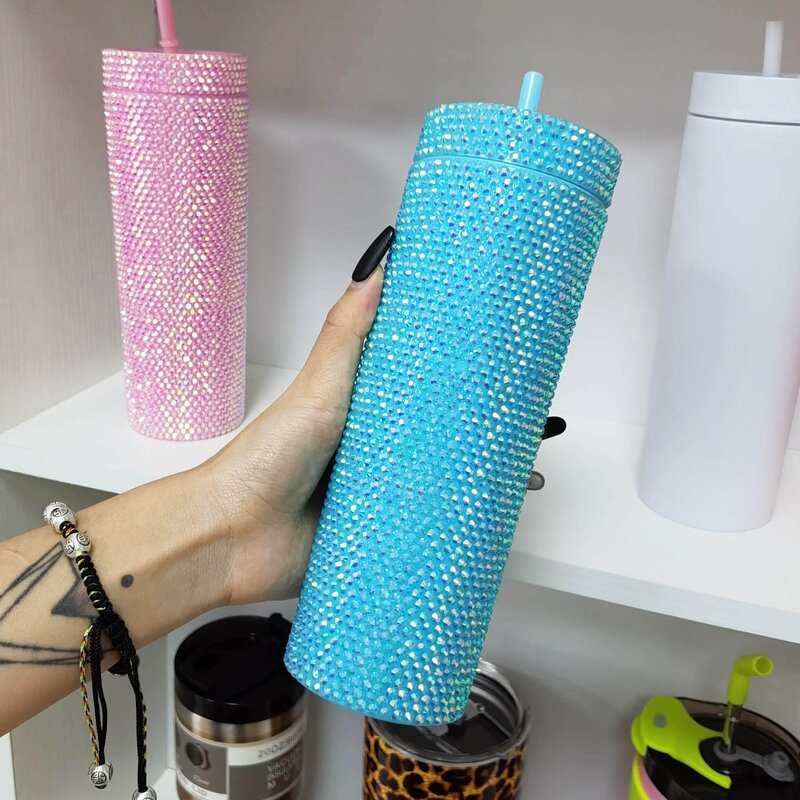 Acrylic Coffee Cup Tumbler Manufacturer - Customized Holiday Gift Bpa Free Double Wall 16oz Skinny Rhinestone with Lid Straw