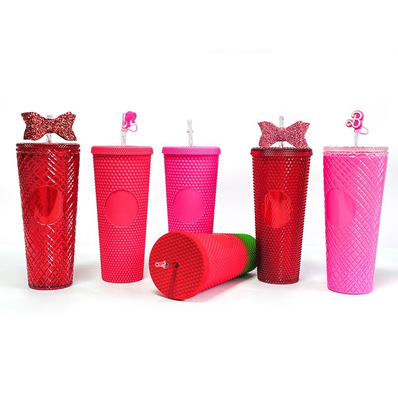 Studded Cold Drink Coffee Tumbler Manufacturer - Wholesale 24 oz Crazy Red Double Wall with Bow Straw
