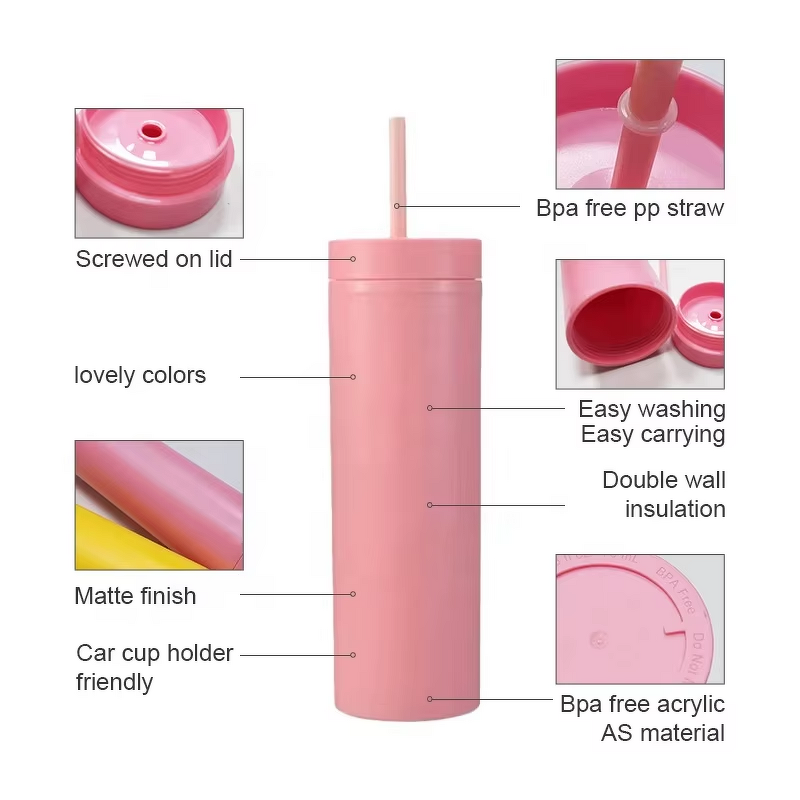 Acrylic Coffee Cup Tumbler Manufacturer - Custom Logo Promotional Gift Pink 16oz Bpa Free Skinny Leak-Proof Dishwasher Safe with Straw