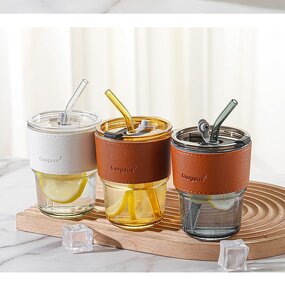 Glass Tumbler Manufacturer - INS Style Home 13oz with Leather Lid Cap Straw for Coffee Milk Juice