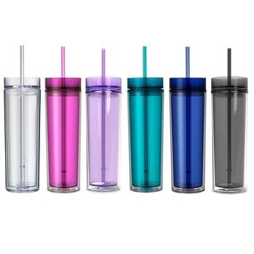 Acrylic Drink Tumbler Cup Manufacturer - Promotional Trade Show Gift 16oz Purple Translucent Skinny Double Wall Plastic with Lid Straw