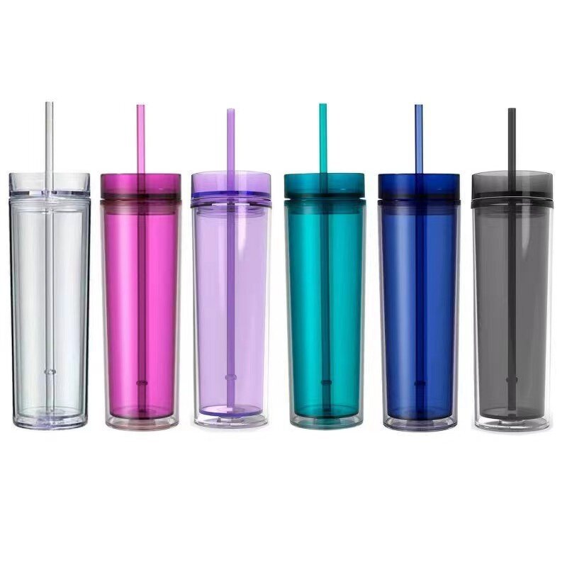 Acrylic Drink Tumbler Cup Manufacturer - Promotional Trade Show Gift 16oz Purple Translucent Skinny Double Wall Plastic with Lid Straw
