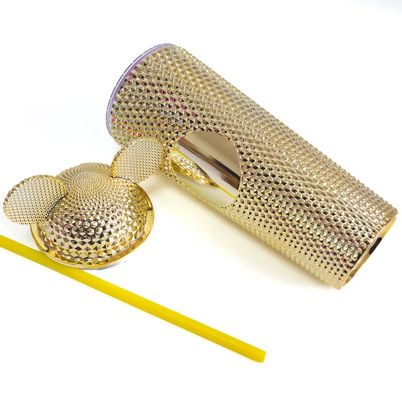 Studded Tumbler Cup Manufacturer - Luxury Business Gift 24oz Double Wall Electroplated Bling Gold Pink Mouse with Straw