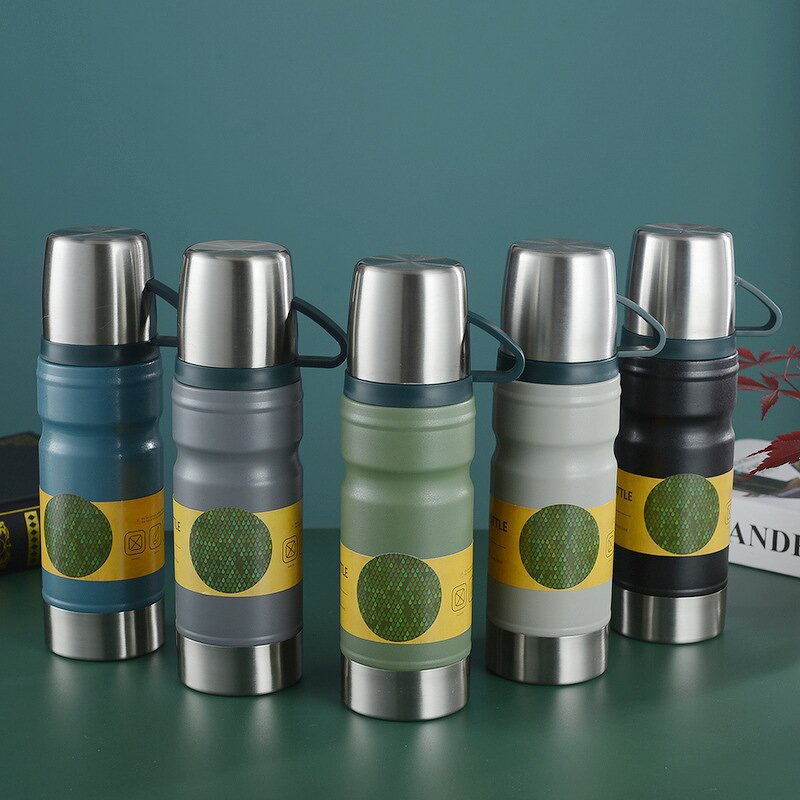 Travel Water Bottle Manufacturer - Corporate Business Gift 600ml Military Green Sports Gym Thermo Vacuum Flask with Three Cups
