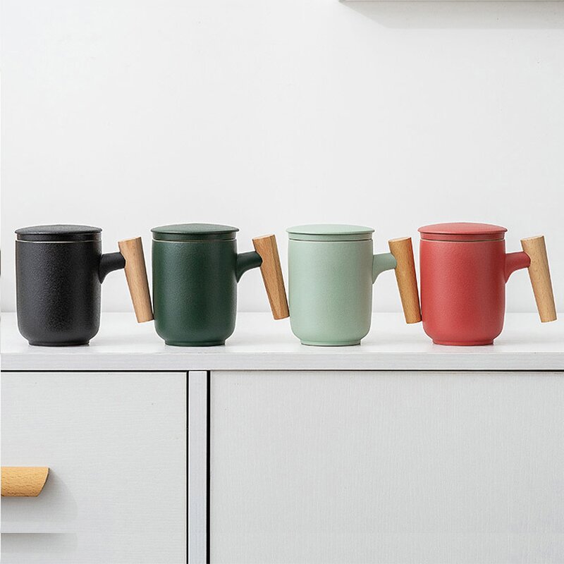 Ceramic Tea Infuser Mug Manufacturer - Promotional Business Gift 11oz Blank Matte Glaze Sublimation Home Office with Lid Bamboo Handle