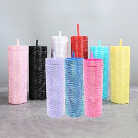 Acrylic Coffee Cup Tumbler Manufacturer - Customized Holiday Gift Bpa Free Double Wall 16oz Skinny Rhinestone with Lid Straw