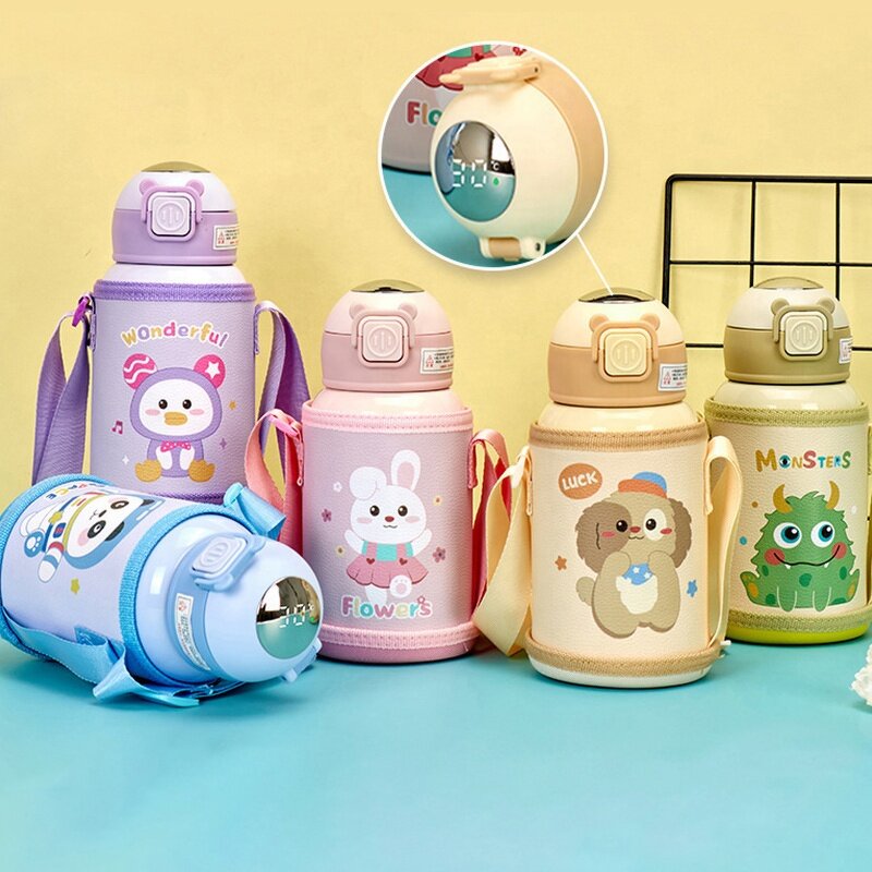 Kids Thermos Cup Manufacturer - Stainless Steel 316 Cartoon Vacuum Straw Water Bottle with Carry Holder