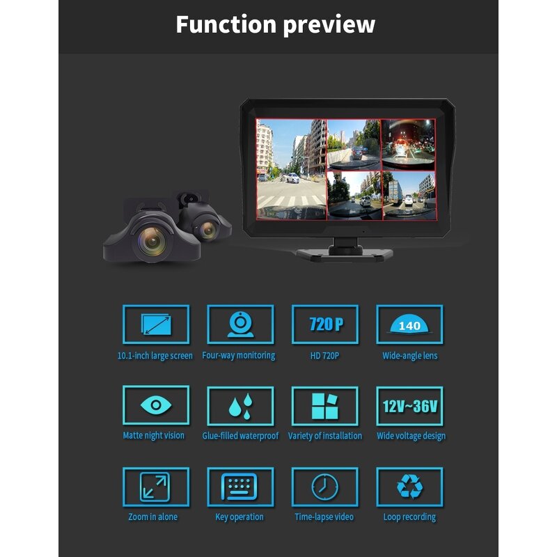 Car Rear View DVR Kit Manufacturer - 10 Inch AHD IPS 5CH Five Split Monitor + 5x AHD 720P 4Pin IR Reverse Parking for RV Bus Truck