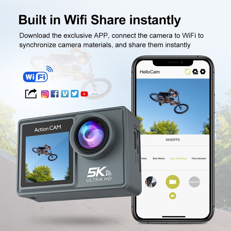 Action Camera Manufacturer - 5K Ultra HD 30FPS 170D Underwater Waterproof Helmet Video Outdoor Remote WiFi 2.0 Screen Mini