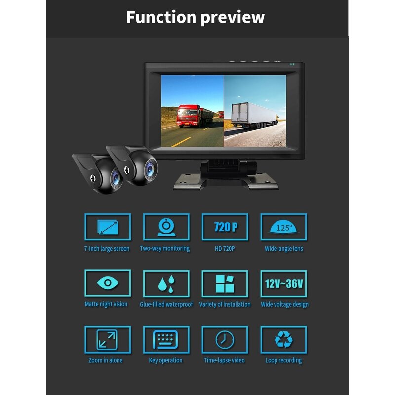 Truck DVR Monitor Manufacturer - 7 Inch Dual Lens 1080P Front Rear Dual Recording AHD Night Vision Reversing Camera 15M Cable