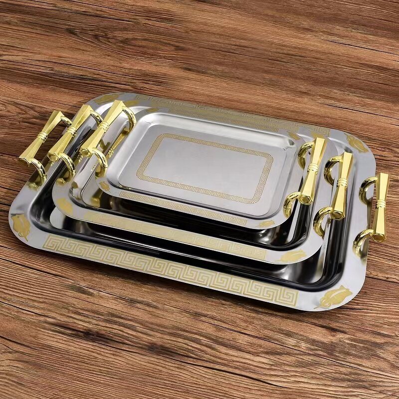 Serving Tray Manufacturer - Stainless Steel Silver Gold Rectangular Arabic Style Metal Pattern