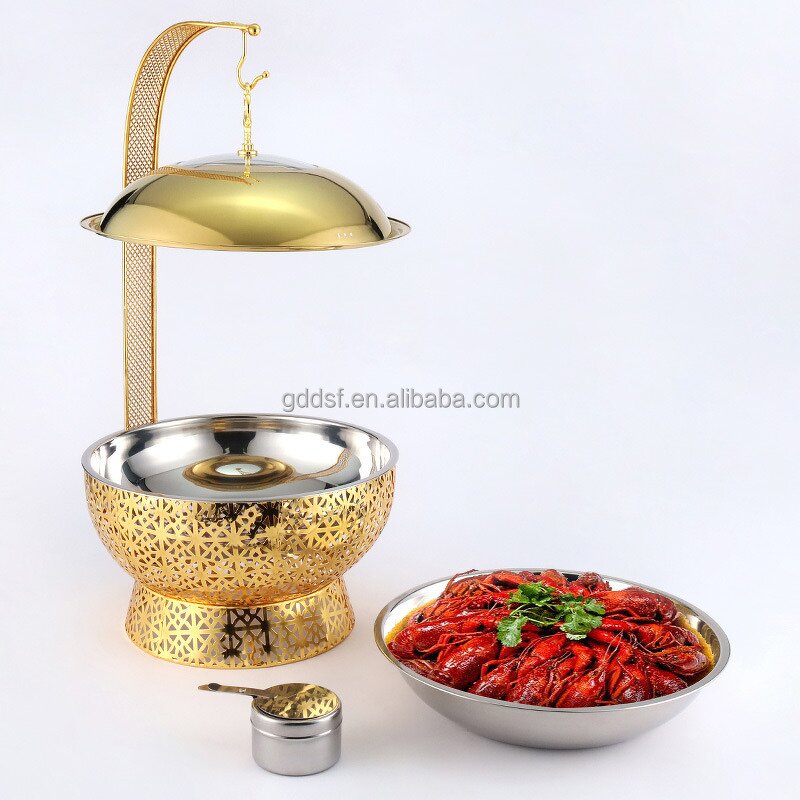 Food Warmer Manufacturer - 8.0L Gold Stainless Steel Round Chafing Dish for Hotel Wedding Banquet